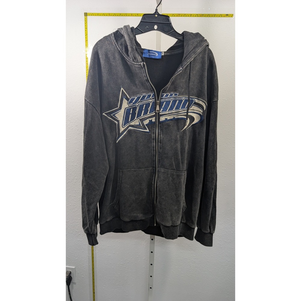 Ins Error Mens Zip Up Hoodie Faded Black Y2K Star Horn Graphic Sweatshirt Size M